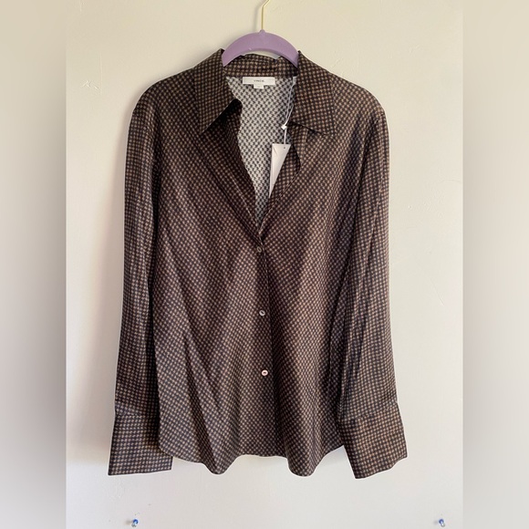 Vince • Houndstooth Silk Long Sleeve Blouse - Picture 4 of 12